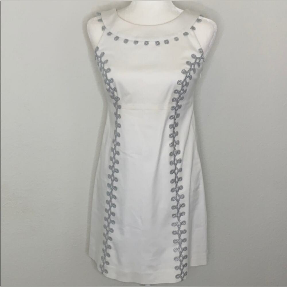 Lilly Pulitzer Rare Jacqueline White and Metalli Silver Embroidered Dres…